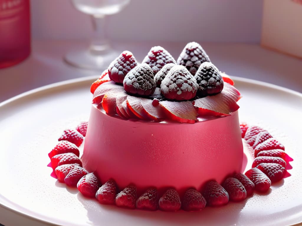  A closeup, photorealistic image of a vibrant raspberry mousse with delicate, shimmering bubbles suspended throughout, capturing the light and creating a mesmerizing effect. The bubbles range in size and transparency, adding a sense of depth and texture to the fluffy mousse, while the rich color of the raspberries contrasts beautifully with the ethereal quality of the bubbles, making the dessert appear truly magical and enticing. hyperrealistic, full body, detailed clothing, highly detailed, cinematic lighting, stunningly beautiful, intricate, sharp focus, f/1. 8, 85mm, (centered image composition), (professionally color graded), ((bright soft diffused light)), volumetric fog, trending on instagram, trending on tumblr, HDR 4K, 8K