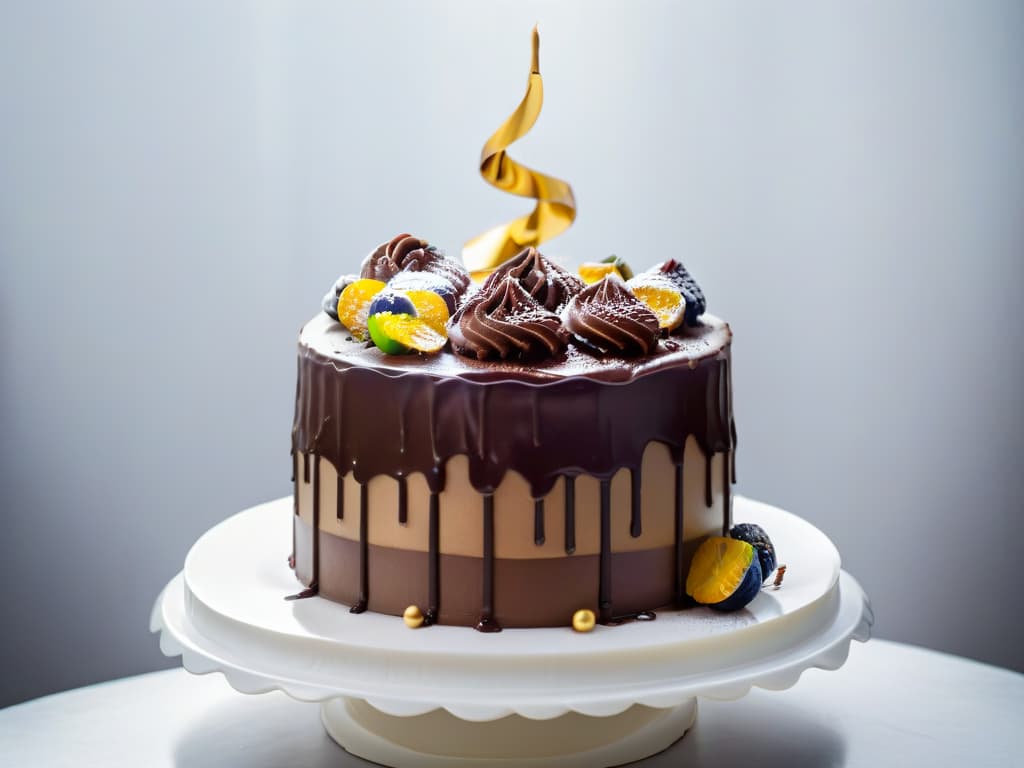  A closeup, ultradetailed image of a multilayered, decadent chocolate cake with glossy ganache dripping down the sides. The cake is elegantly decorated with intricate chocolate curls and gold leaf accents, sitting on a sleek, white marble cake stand. The lighting is soft, highlighting the rich textures and luxurious presentation of the dessert. hyperrealistic, full body, detailed clothing, highly detailed, cinematic lighting, stunningly beautiful, intricate, sharp focus, f/1. 8, 85mm, (centered image composition), (professionally color graded), ((bright soft diffused light)), volumetric fog, trending on instagram, trending on tumblr, HDR 4K, 8K