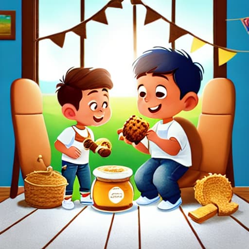  a boy with short hair and white shirt with blue jeans is standing, and a brown bear is sitting and eating honey, in the cabin