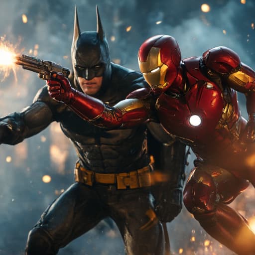  ironman and batman fighting, firing gun and rocket hyperrealistic, full body, detailed clothing, highly detailed, cinematic lighting, stunningly beautiful, intricate, sharp focus, f/1. 8, 85mm, (centered image composition), (professionally color graded), ((bright soft diffused light)), volumetric fog, trending on instagram, trending on tumblr, HDR 4K, 8K