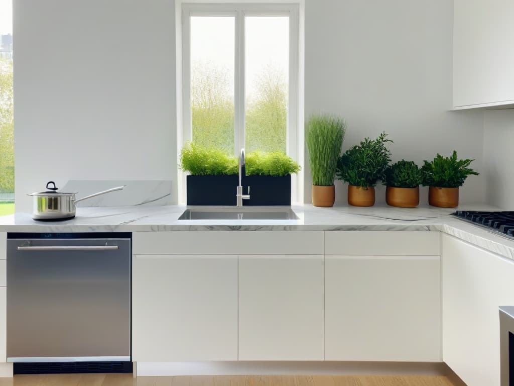  A highresolution, minimalist image of a sleek, modern kitchen with marble countertops, stainless steel appliances, and a touch of greenery from potted herbs on the windowsill. The image should convey a sense of sophistication and innovation, with clean lines and a monochromatic color scheme of whites, grays, and muted greens. The focus is on the simplicity and elegance of the kitchen space, creating a serene and inspiring atmosphere for experimenting with modern pastry techniques. hyperrealistic, full body, detailed clothing, highly detailed, cinematic lighting, stunningly beautiful, intricate, sharp focus, f/1. 8, 85mm, (centered image composition), (professionally color graded), ((bright soft diffused light)), volumetric fog, trending on instagram, trending on tumblr, HDR 4K, 8K