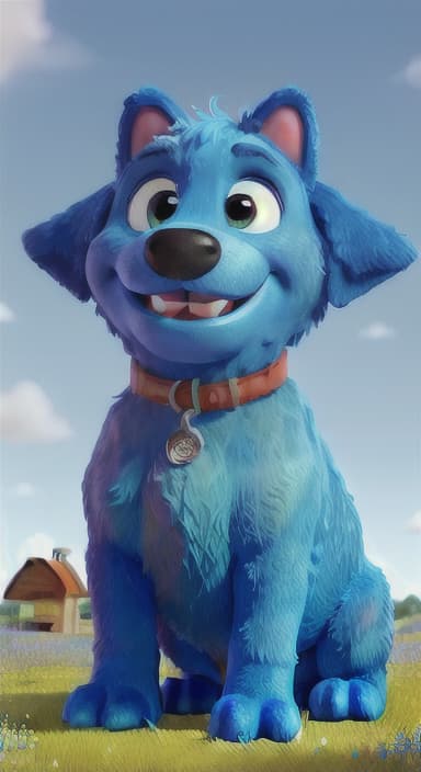  {A happy, big blue dog wagging its tail in a colorful meadow, The big blue dog is large with sky blue fur, big round eyes, a black nose, and floppy ears.