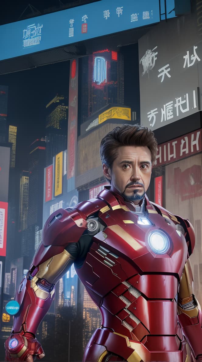  masterpiece, best quality, Best quality, masterpiece, 8k resolution, realistic, highly detailed, close up of Iron Man. In a cyberpunk style night scene of the city, he stands on a street lined with tall buildings. The city's night lights are bright, The surrounding buildings and streets are filled with cyberpunk elements such as neon lights, high tech devices, and futuristic architectural designs.