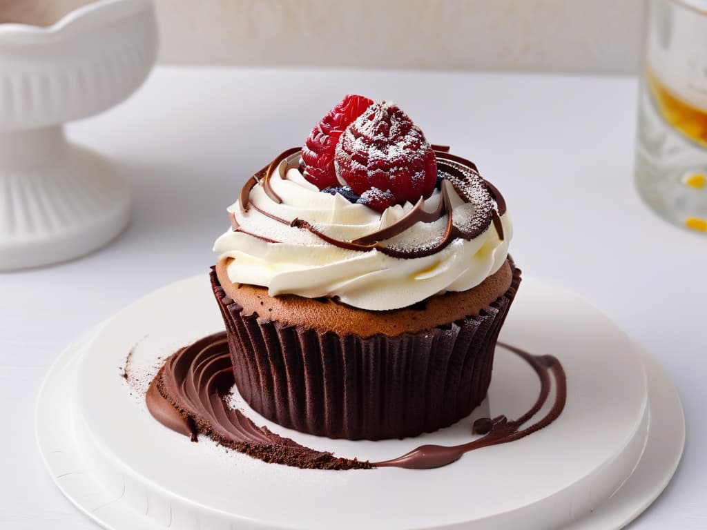  An ultradetailed closeup image of a decadent chocolate cupcake topped with a swirl of rich, creamy frosting, garnished with a delicate dusting of cocoa powder and a single fresh raspberry on top. The cupcake sits on a sleek, modern white plate against a soft, blurred background, emphasizing the exquisite presentation and inviting texture of the dessert. hyperrealistic, full body, detailed clothing, highly detailed, cinematic lighting, stunningly beautiful, intricate, sharp focus, f/1. 8, 85mm, (centered image composition), (professionally color graded), ((bright soft diffused light)), volumetric fog, trending on instagram, trending on tumblr, HDR 4K, 8K