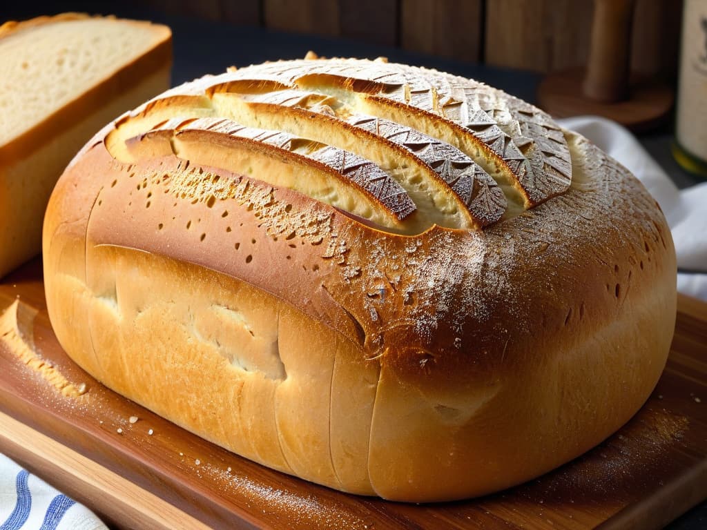  An ultradetailed closeup image of a perfectly risen vegan sourdough loaf, showcasing the intricate patterns on its crust, the golden brown color, and the slight cracks on its surface. The loaf is placed on a rustic wooden cutting board, with a few scattered grains of flour around it, highlighting the natural, simple beauty of homemade vegan baking. hyperrealistic, full body, detailed clothing, highly detailed, cinematic lighting, stunningly beautiful, intricate, sharp focus, f/1. 8, 85mm, (centered image composition), (professionally color graded), ((bright soft diffused light)), volumetric fog, trending on instagram, trending on tumblr, HDR 4K, 8K