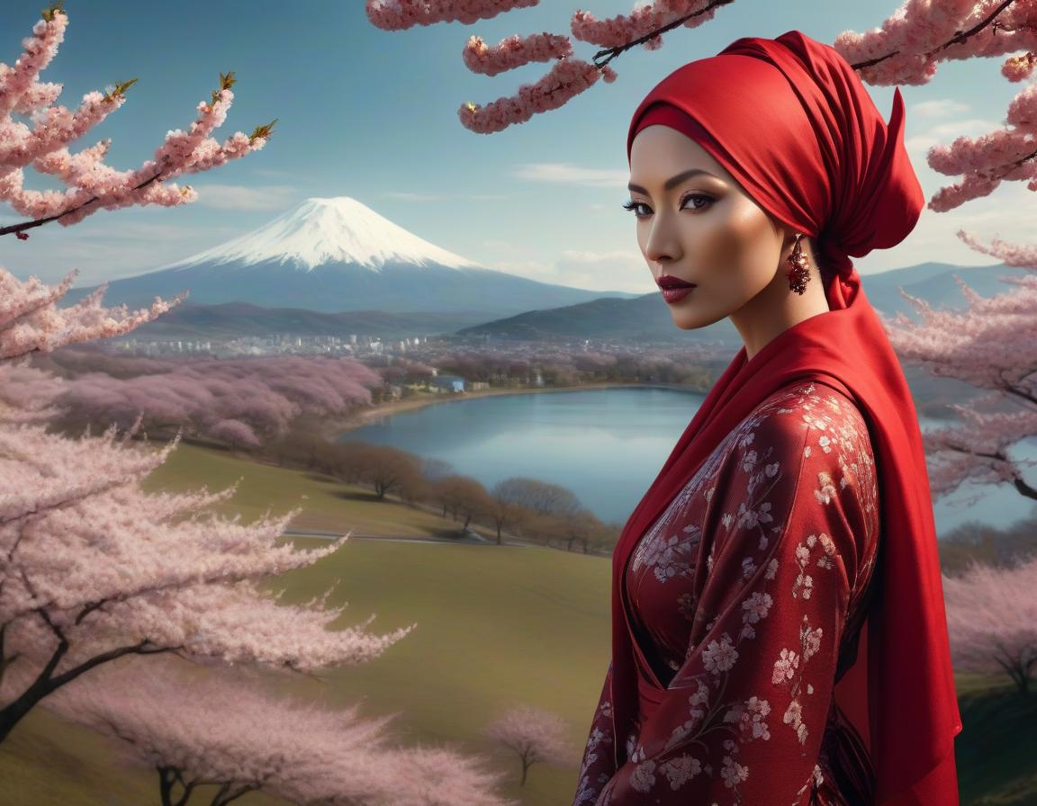  surrealist art A digital art portrait of a woman with a red headscarf, cherry blossoms in her hair, and serene landscape in the background. . dreamlike, mysterious, provocative, symbolic, intricate, detailed hyperrealistic, full body, detailed clothing, highly detailed, cinematic lighting, stunningly beautiful, intricate, sharp focus, f/1. 8, 85mm, (centered image composition), (professionally color graded), ((bright soft diffused light)), volumetric fog, trending on instagram, trending on tumblr, HDR 4K, 8K