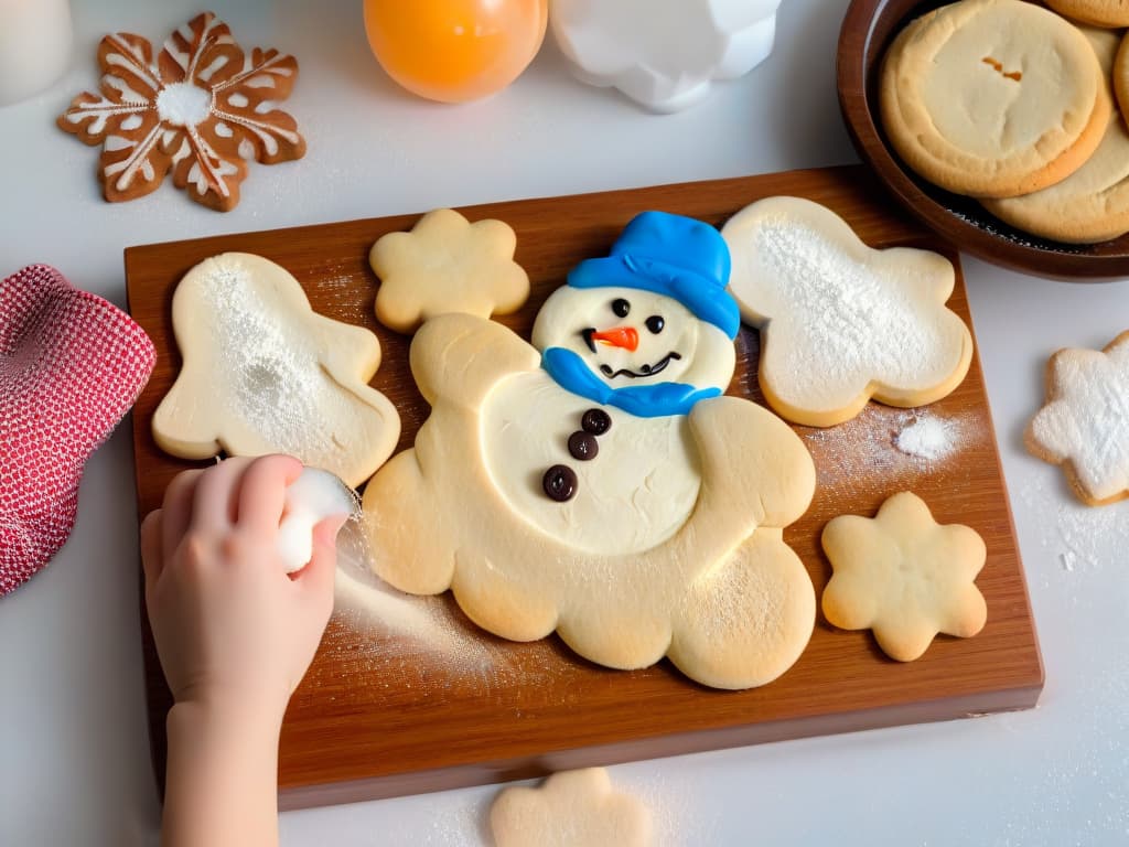  A cozy winter scene of a child's hands shaping a snowman out of cookie dough on a wooden kitchen counter, surrounded by cookie cutters in the shapes of snowflakes, mittens, and hats. The soft natural light filtering through the window highlights the flour dust in the air, creating a magical and inviting atmosphere perfect for wintertime baking activities with children. hyperrealistic, full body, detailed clothing, highly detailed, cinematic lighting, stunningly beautiful, intricate, sharp focus, f/1. 8, 85mm, (centered image composition), (professionally color graded), ((bright soft diffused light)), volumetric fog, trending on instagram, trending on tumblr, HDR 4K, 8K