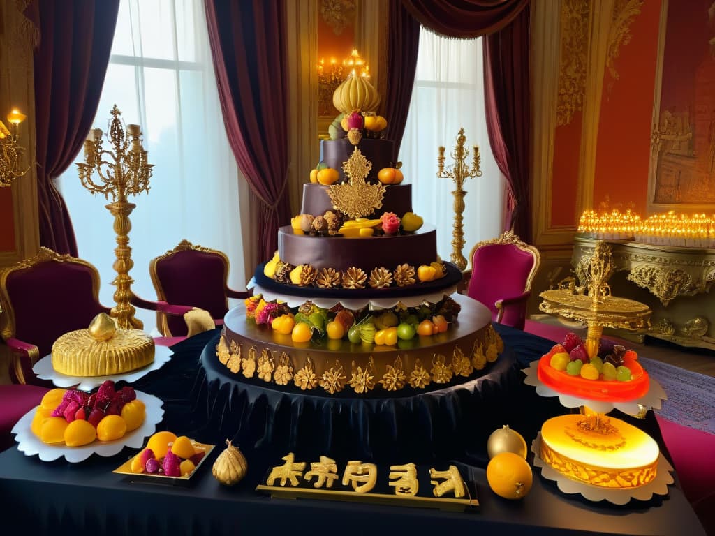  A detailed, ultrahighresolution image of an extravagant Baroquestyle dessert table, featuring intricately designed pastries, ornate sugar sculptures, and decadent cakes adorned with gold leaf and exotic fruits. The table is set against a backdrop of rich, dark velvet drapes, with soft candlelight casting a warm glow on the sumptuous treats, creating a scene that epitomizes the opulence and elegance of 17thcentury Baroque pastry art. hyperrealistic, full body, detailed clothing, highly detailed, cinematic lighting, stunningly beautiful, intricate, sharp focus, f/1. 8, 85mm, (centered image composition), (professionally color graded), ((bright soft diffused light)), volumetric fog, trending on instagram, trending on tumblr, HDR 4K, 8K