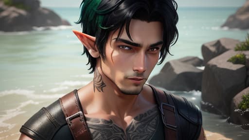  male half-elf with short black hair and green eyes and lots of tattos and has a swimer's build, hyperrealistic, high quality, highly detailed, perfect lighting, intricate, sharp focus, f/1. 8, 85mm, (centered image composition), (professionally color graded), ((bright soft diffused light)), trending on instagram, HDR 4K, 8K