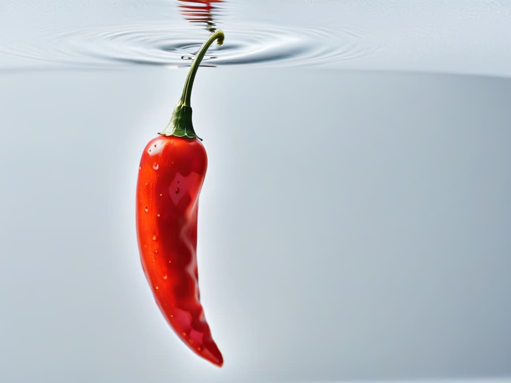  A closeup, ultradetailed image of a single vibrant red chili pepper with tiny water droplets glistening on its smooth surface, set against a stark white background. The pepper's texture is incredibly sharp, showcasing every intricate detail and imperfection, while the water droplets appear crystal clear, refracting the light in a mesmerizing pattern. hyperrealistic, full body, detailed clothing, highly detailed, cinematic lighting, stunningly beautiful, intricate, sharp focus, f/1. 8, 85mm, (centered image composition), (professionally color graded), ((bright soft diffused light)), volumetric fog, trending on instagram, trending on tumblr, HDR 4K, 8K