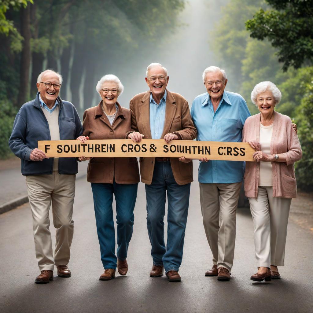  A group of senior citizens holding a large sign together that reads 'Southern Cross'. They should appear happy and active, symbolizing a positive and lively community. The image should have a friendly and welcoming atmosphere, suitable for various media formats. Ensure the sign with the text is clearly visible and legible. hyperrealistic, full body, detailed clothing, highly detailed, cinematic lighting, stunningly beautiful, intricate, sharp focus, f/1. 8, 85mm, (centered image composition), (professionally color graded), ((bright soft diffused light)), volumetric fog, trending on instagram, trending on tumblr, HDR 4K, 8K