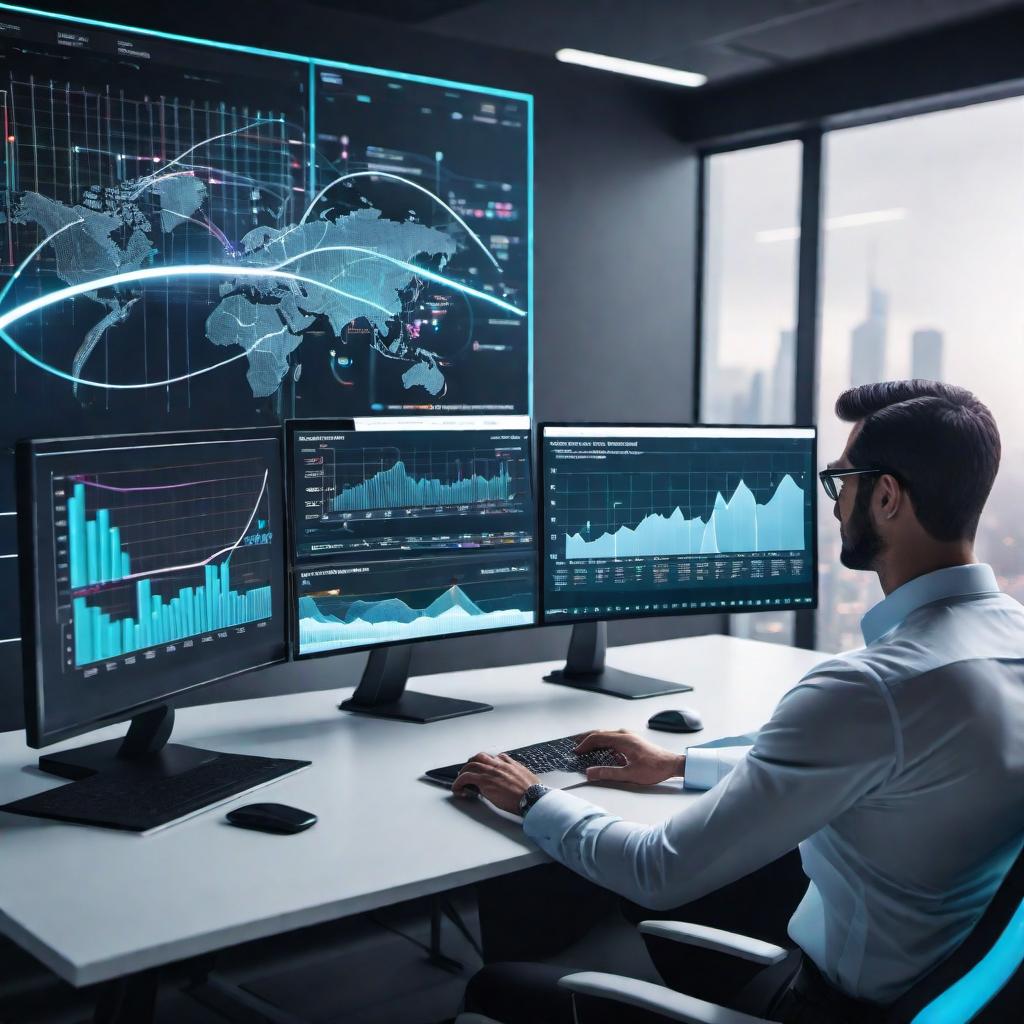  A visual representation of an assistant analyzing data and forecasting trends. The image should depict a futuristic AI interface with graphs, charts, and data streams. The AI is represented as a network of connected nodes with light beams indicating processing. There should be multiple displays showing different trends in sectors like finance, technology, and social media, reflecting the process of forecasting and predicting future outcomes based on historical data analysis. hyperrealistic, full body, detailed clothing, highly detailed, cinematic lighting, stunningly beautiful, intricate, sharp focus, f/1. 8, 85mm, (centered image composition), (professionally color graded), ((bright soft diffused light)), volumetric fog, trending on instagram, trending on tumblr, HDR 4K, 8K