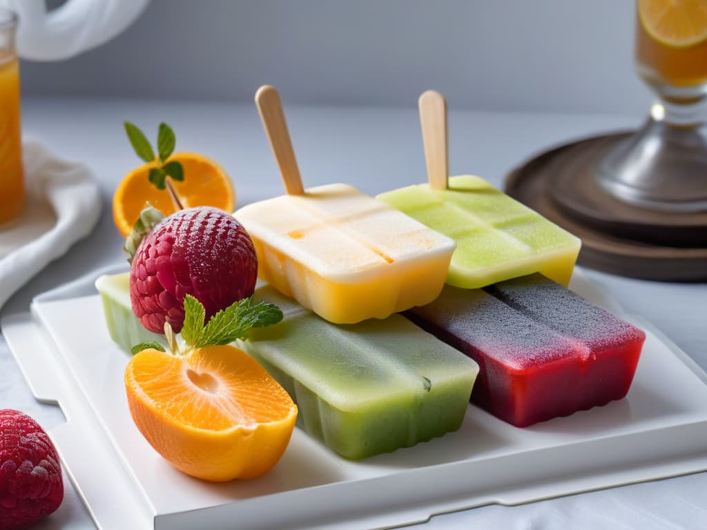  An ultradetailed image of a variety of homemade water popsicles arranged elegantly on a sleek, minimalistic white platter. Each popsicle is uniquely flavored and showcases vibrant, natural colors from ingredients like fresh fruits and herbs. The popsicles glisten enticingly under a soft, natural light, highlighting their refreshing and wholesome appeal. hyperrealistic, full body, detailed clothing, highly detailed, cinematic lighting, stunningly beautiful, intricate, sharp focus, f/1. 8, 85mm, (centered image composition), (professionally color graded), ((bright soft diffused light)), volumetric fog, trending on instagram, trending on tumblr, HDR 4K, 8K