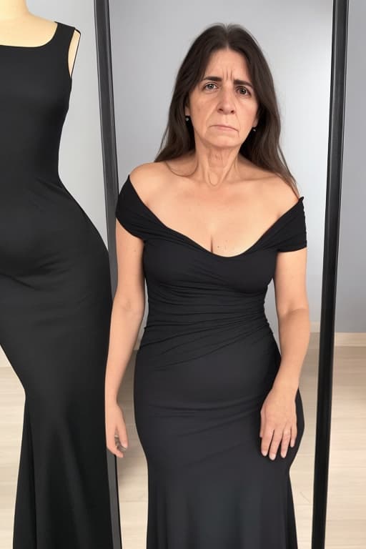  Imagina una mujer de 40 años aterradora con la piel palida con un vestido negro y largo