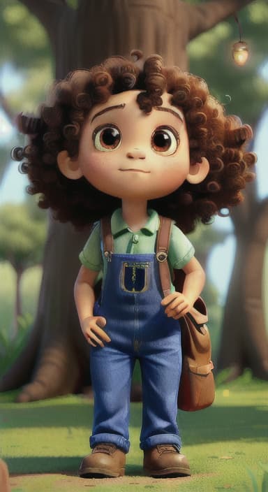  {The tree with a twinkling eye, while its leaves gently rustle., Riley, a curious with big brown eyes and curly hair, wearing overalls and carrying a small backpack. Their friend, Skye, a bluebird with shiny feathers.