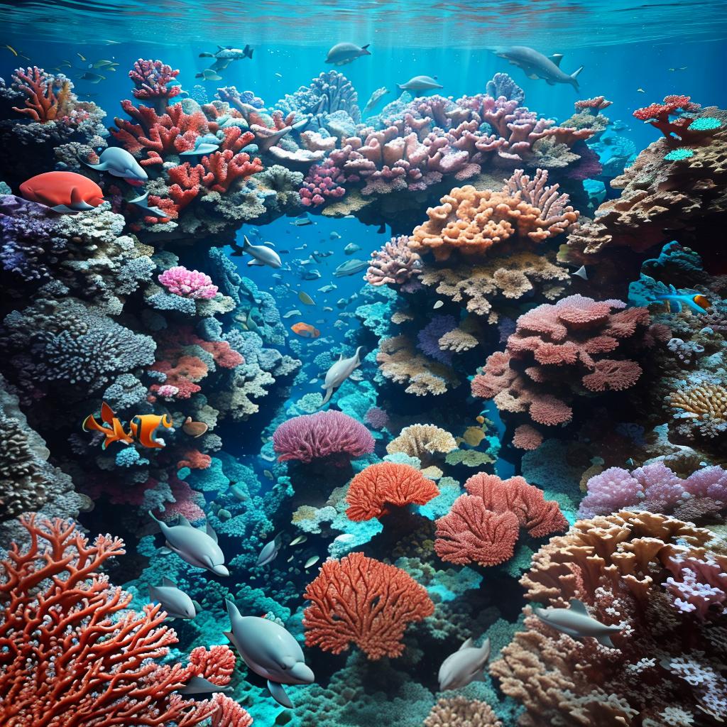  masterpiece, best quality, beautiful deep sea full of corals, diverse marine life and fascinating underwater landscapes with corals, appendages, small fish, anemones, dolphins, various algae, caves, colorful, 8k resolution and intricate detail