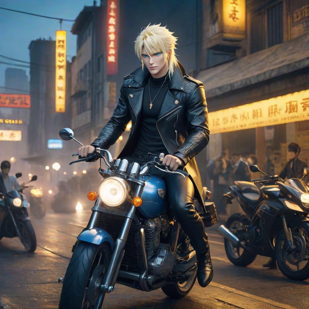  Anime guy mafia, on a motorcycle, blue eyes, yellow white hair, crocodile's tail. hyperrealistic, full body, detailed clothing, highly detailed, cinematic lighting, stunningly beautiful, intricate, sharp focus, f/1. 8, 85mm, (centered image composition), (professionally color graded), ((bright soft diffused light)), volumetric fog, trending on instagram, trending on tumblr, HDR 4K, 8K