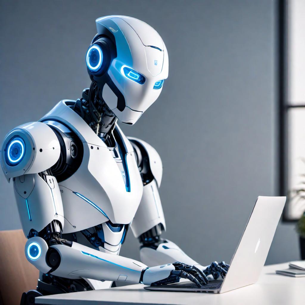  A friendly AI represented as a humanoid robot with a soothing blue and white color scheme is sitting at a modern, white desk with a futuristic computer. The AI has a welcoming posture, with one hand extended as if inviting conversation, with a chat bubble above containing the text: "Please describe what you would like me to draw. The more detailed your description, the better I will be able to realize your idea in the image." The setting gives a vibe of a helpful and high-tech environment. hyperrealistic, full body, detailed clothing, highly detailed, cinematic lighting, stunningly beautiful, intricate, sharp focus, f/1. 8, 85mm, (centered image composition), (professionally color graded), ((bright soft diffused light)), volumetric fog, trending on instagram, trending on tumblr, HDR 4K, 8K