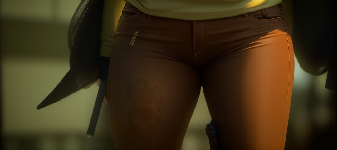  A close-up view of a woman's thighs in tight brown pants; warehouse background; photorealistic; cinematic; golden ratio, hyperrealistic, high quality, highly detailed, perfect lighting, intricate, sharp focus, f/1. 8, 85mm, (centered image composition), (professionally color graded), ((bright soft diffused light)), trending on instagram, HDR 4K, 8K