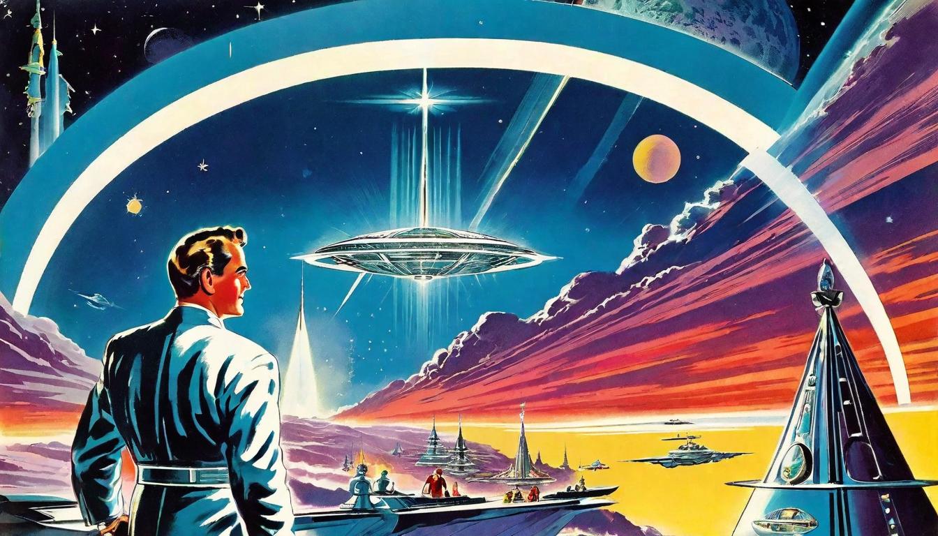  retro futuristic A celestial beam illuminating a humble carpenter, blueprints of a divine vessel in hand, absolute focus and divine guidance, a covenant between man and the divine, serenity amid impending chaos lvintage sci fi, 50s and 60s style, atomic age, vibrant, highly detailed