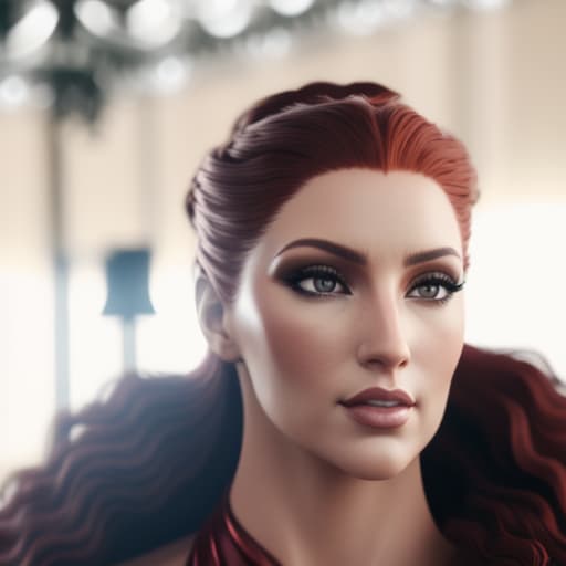 Image of a long haired, red, curly haired woman, wearing a formal red long dress with copper colored eyes hyperrealistic, full body, detailed clothing, highly detailed, cinematic lighting, stunningly beautiful, intricate, sharp focus, f/1. 8, 85mm, (centered image composition), (professionally color graded), ((bright soft diffused light)), volumetric fog, trending on instagram, trending on tumblr, HDR 4K, 8K