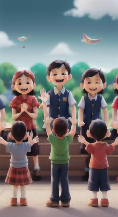  {A heartwarming scene of all the children waving goodbye with happy expressions., Children waving with wide smiles, looking grateful and content.