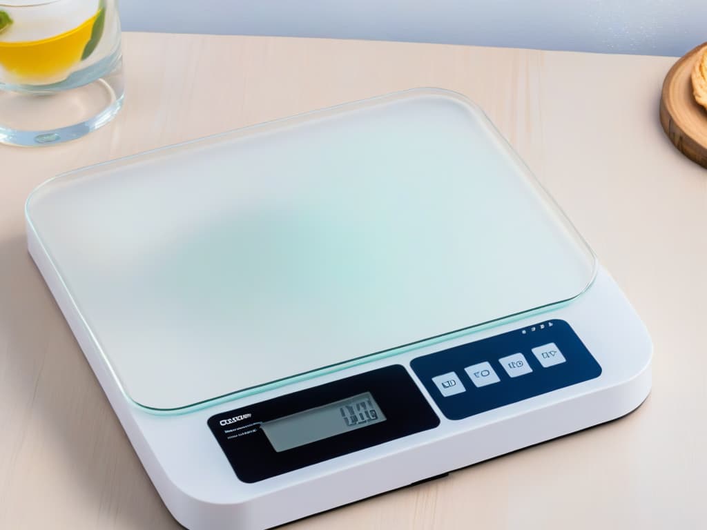  A closeup, ultradetailed image of a sleek, modern kitchen scale with a digital display, showcasing precise measurements in grams and ounces. The scale is set against a clean, white background, emphasizing its minimalist design and professional functionality. hyperrealistic, full body, detailed clothing, highly detailed, cinematic lighting, stunningly beautiful, intricate, sharp focus, f/1. 8, 85mm, (centered image composition), (professionally color graded), ((bright soft diffused light)), volumetric fog, trending on instagram, trending on tumblr, HDR 4K, 8K