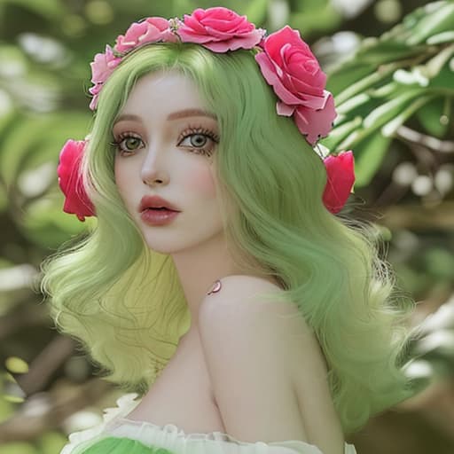  uma garota de cabelos verdes com rosas vermelhas e brancas no cabelo e olhos verde com asas de fada na floresta