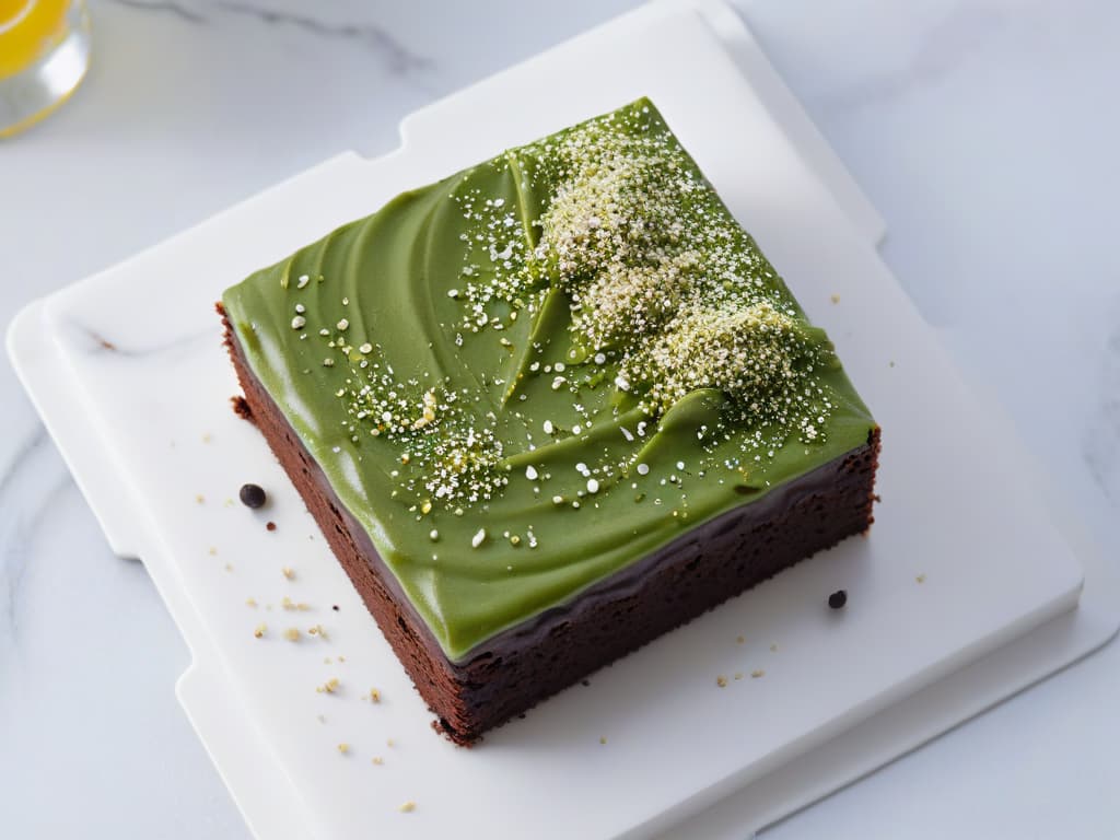  A closeup, ultradetailed image of a decadent chocolate hemp protein brownie topped with a sprinkle of hemp seeds on a sleek, white marble surface. The brownie is perfectly square, showcasing its fudgy texture, and the hemp seeds glisten under a soft, natural light, emphasizing their nutritional value. The minimalist composition highlights the richness of the dessert and the incorporation of hemp protein, appealing to the target audience of healthconscious dessert enthusiasts seeking nutritious yet indulgent treats. hyperrealistic, full body, detailed clothing, highly detailed, cinematic lighting, stunningly beautiful, intricate, sharp focus, f/1. 8, 85mm, (centered image composition), (professionally color graded), ((bright soft diffused light)), volumetric fog, trending on instagram, trending on tumblr, HDR 4K, 8K