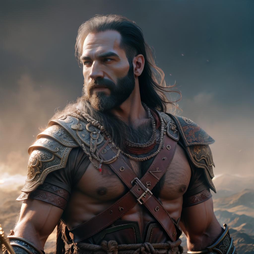  God of war hyperrealistic, full body, detailed clothing, highly detailed, cinematic lighting, stunningly beautiful, intricate, sharp focus, f/1. 8, 85mm, (centered image composition), (professionally color graded), ((bright soft diffused light)), volumetric fog, trending on instagram, trending on tumblr, HDR 4K, 8K