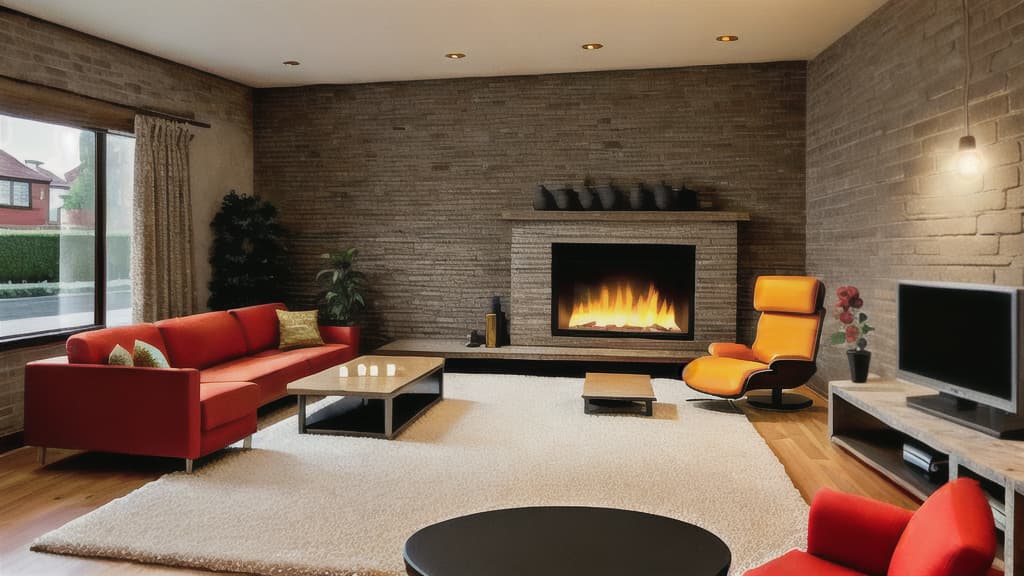  A modern living room with a fireplace, all the furniture is placed around the fireplace, the cold marble walls reflect the light of the fireplace flames, the floor is covered with a warm and semicircular carpet, the dining table is directly in front of the fireplace, the table is placed in the middle of the meal, the sofa, chair, TV set is surrounded by the fireplace, the photo is hung on the brick wall above the fireplace