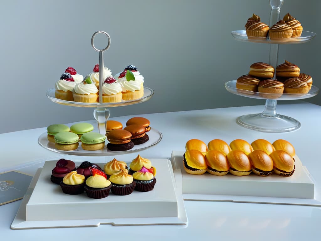  A minimalist image of a pristine white kitchen counter with an assortment of freshly baked pastries and desserts elegantly arranged on delicate, modern serving platters. The pastries include colorful macarons, decadent chocolate tarts, flaky croissants, and artfully decorated cupcakes. Soft natural light filters in, casting gentle shadows and highlighting the exquisite details of each treat, showcasing the precision and artistry that goes into crafting a pastry menu. hyperrealistic, full body, detailed clothing, highly detailed, cinematic lighting, stunningly beautiful, intricate, sharp focus, f/1. 8, 85mm, (centered image composition), (professionally color graded), ((bright soft diffused light)), volumetric fog, trending on instagram, trending on tumblr, HDR 4K, 8K