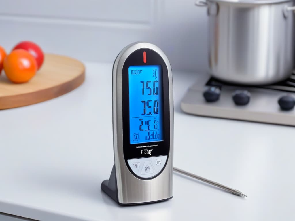  A closeup, ultradetailed image of a sleek digital kitchen thermometer with a stainless steel probe, displaying a precise temperature reading of 350°F against a soft, blurred background of a modern kitchen setting. The display is illuminated, highlighting the accurate measurement and reflecting a professional and precise tool for baking enthusiasts. hyperrealistic, full body, detailed clothing, highly detailed, cinematic lighting, stunningly beautiful, intricate, sharp focus, f/1. 8, 85mm, (centered image composition), (professionally color graded), ((bright soft diffused light)), volumetric fog, trending on instagram, trending on tumblr, HDR 4K, 8K