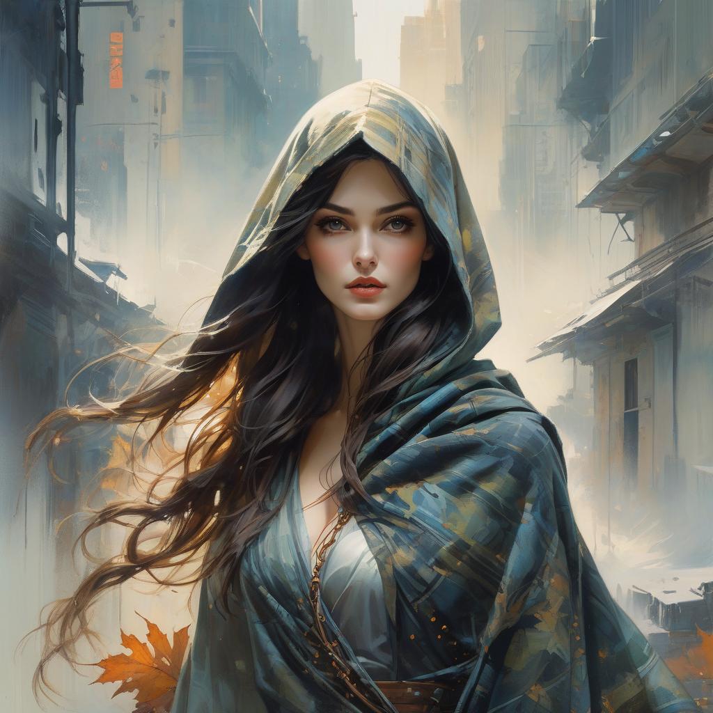  abstract expressionist painting Mysteriously Hooded Scottish Widow Tartan long hair cinematic panorama scarf leaves wind reimagined as digital pointillism beautiful gesture expression by Tran Nguyen Jeremy Mann Frank Frazetta Carne Griffiths WLOP, Intricate, Complex contrast, HDR, Sharp, soft Cinematic Volumetric lighting, stylized colours, wide long shot, perfect fantasy art masterpiece . energetic brushwork, bold colors, abstract forms, expressive, emotional hyperrealistic, full body, detailed clothing, highly detailed, cinematic lighting, stunningly beautiful, intricate, sharp focus, f/1. 8, 85mm, (centered image composition), (professionally color graded), ((bright soft diffused light)), volumetric fog, trending on instagram, trending on tumblr, HDR 4K, 8K