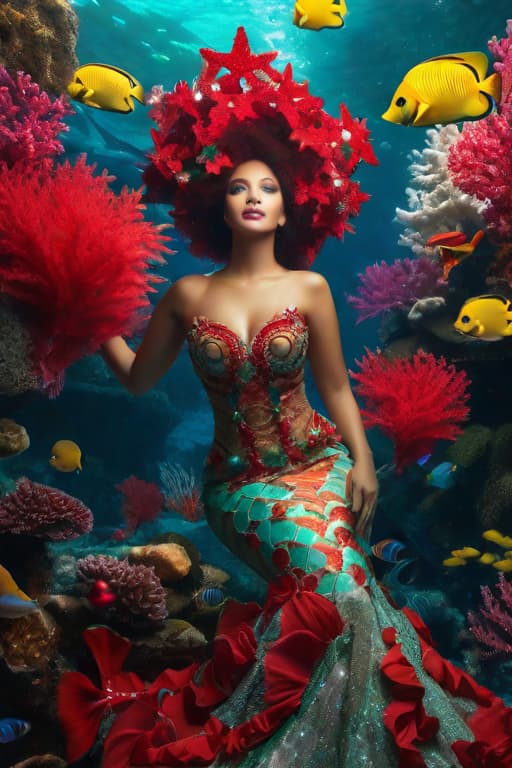 the mermaid,christmas underwater , red corals in the shape of a christmas tree , colorful fish around her , fashion magazine cover ,full-length photo shoot , complicated hairstyle, body aesthetics, fantasy, fairy tale , professional fashion photo,megadetalization ,megarealistic, cute, hyper detail, full HD hyperrealistic, full body, detailed clothing, highly detailed, cinematic lighting, stunningly beautiful, intricate, sharp focus, f/1. 8, 85mm, (centered image composition), (professionally color graded), ((bright soft diffused light)), volumetric fog, trending on instagram, trending on tumblr, HDR 4K, 8K