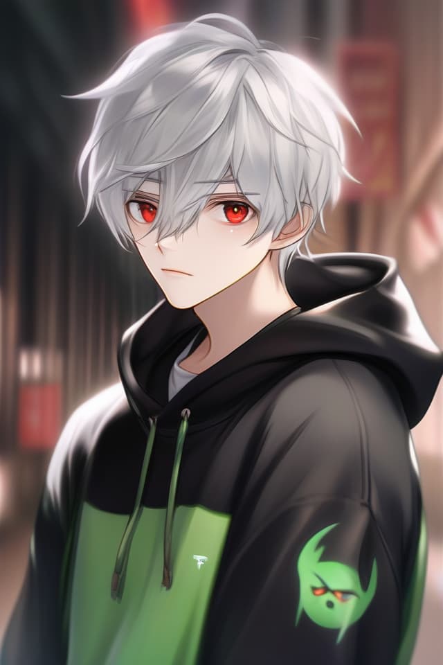  (In the fresh green) (silver hair) (the color of the red eyes) (Parker) (Gentle illustration style) High Quality, Best, Texture, Contrast ,, 16yrs, Male, Super Handsome, Cool, Upper Body Only, (SHORT CUT, SHORT CUT, Silver Hair, Red Eye Color), 8k, 16k, in Hoodie