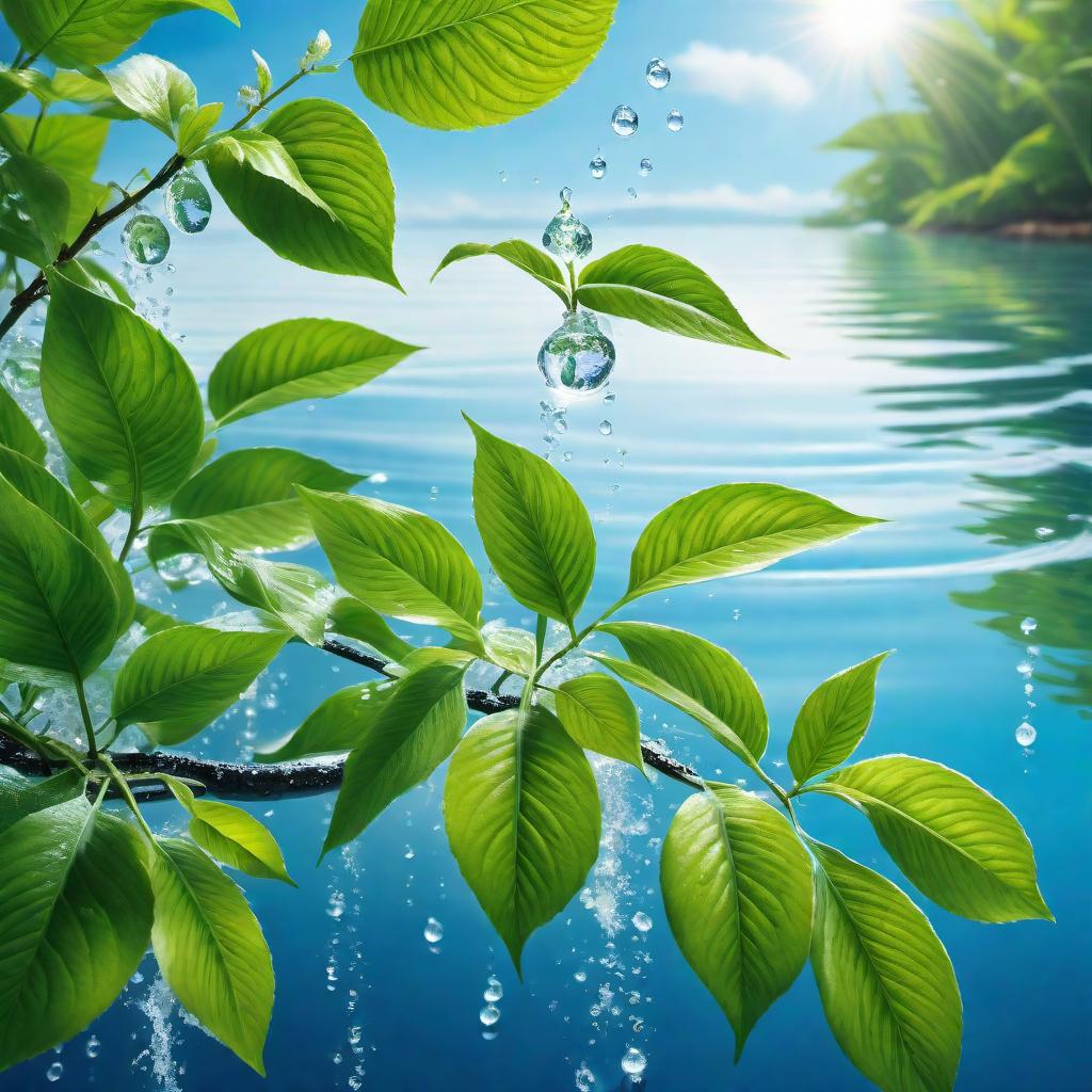  Create an image that symbolizes freshness and cleanliness. The artwork should include elements such as sparkling water, lush green leaves with dew drops, a clear blue sky, and a gentle breeze visible through the movement of the leaves and soft ripples on the water surface. Focus on creating a bright, vibrant image with a feeling of purity and rejuvenation. hyperrealistic, full body, detailed clothing, highly detailed, cinematic lighting, stunningly beautiful, intricate, sharp focus, f/1. 8, 85mm, (centered image composition), (professionally color graded), ((bright soft diffused light)), volumetric fog, trending on instagram, trending on tumblr, HDR 4K, 8K