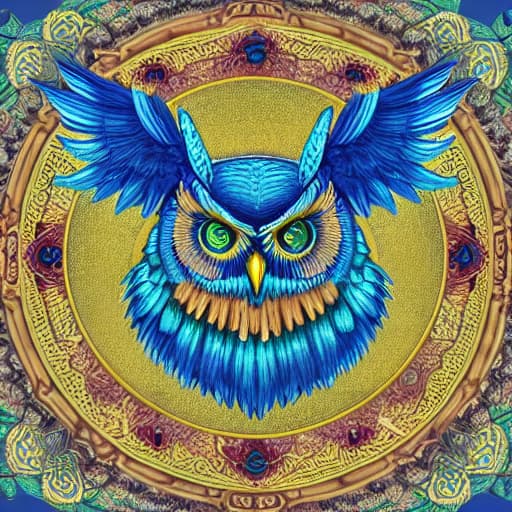  A blue owl with a gold circle and the word owl on it. hyperrealistic, full body, detailed clothing, highly detailed, cinematic lighting, stunningly beautiful, intricate, sharp focus, f/1. 8, 85mm, (centered image composition), (professionally color graded), ((bright soft diffused light)), volumetric fog, trending on instagram, trending on tumblr, HDR 4K, 8K