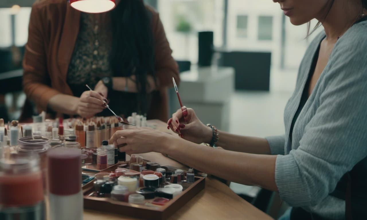  cinematic photo A nail artist with red hair, brown eyes, and female gender, does a beautiful manicure for her client. She paints the nails for the girl. . 35mm photograph, film, bokeh, professional, 4k, highly detailed hyperrealistic, full body, detailed clothing, highly detailed, cinematic lighting, stunningly beautiful, intricate, sharp focus, f/1. 8, 85mm, (centered image composition), (professionally color graded), ((bright soft diffused light)), volumetric fog, trending on instagram, trending on tumblr, HDR 4K, 8K