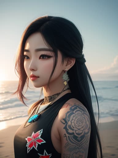  Girl K-pop star , on beach , in , long hair , tattooed , hyperrealistic, high quality, highly detailed, cinematic lighting, intricate, sharp focus, f/1. 8, 85mm, (centered image composition), (professionally color graded), ((bright soft diffused light)), volumetric fog, trending on instagram, HDR 4K, 8K