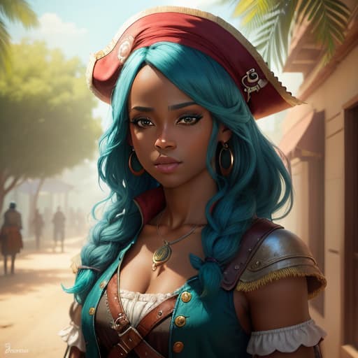  African female pirate with hazel eyes and teal colored hair , hyperrealistic, high quality, highly detailed, perfect lighting, intricate, sharp focus, f/1. 8, 85mm, (centered image composition), (professionally color graded), ((bright soft diffused light)), trending on instagram, HDR 4K, 8K