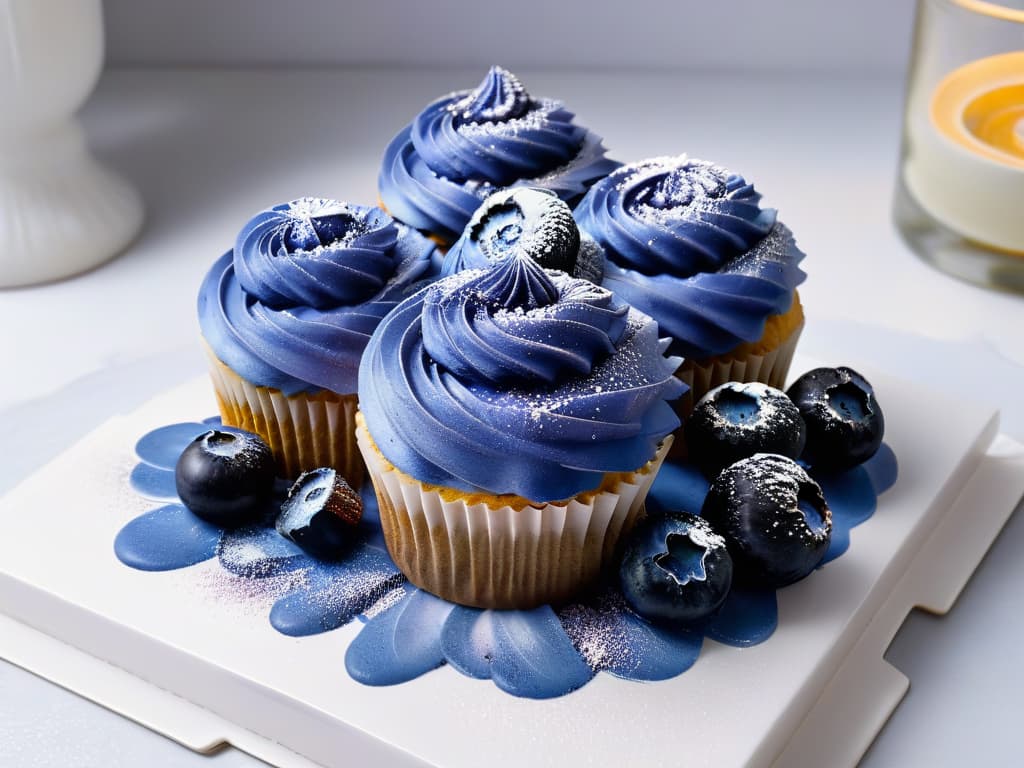  An ultradetailed closeup image of a perfectly frosted gourmet healthy cupcake, showcasing intricate swirls of vibrant blueberry frosting adorned with fresh blueberries and a sprinkle of edible gold dust. The cupcake sits on a sleek, modern marble countertop, with soft natural light gently illuminating its exquisite details, creating a visually stunning and enticing composition for the readers. hyperrealistic, full body, detailed clothing, highly detailed, cinematic lighting, stunningly beautiful, intricate, sharp focus, f/1. 8, 85mm, (centered image composition), (professionally color graded), ((bright soft diffused light)), volumetric fog, trending on instagram, trending on tumblr, HDR 4K, 8K