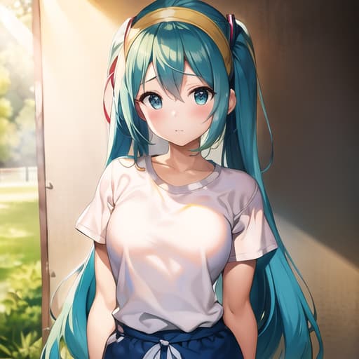  master piece , best quality, kawaii hatsune miku with glowing skin and perfect symmetrical face with blush cheeks, sports festival,wearing the round neck white t shirt, narrow headband,navy blue Sweatpants, standing in a yard a morning, 45 angle by krenz cushart and Mucha, golden hour lighting, strong rim light, intense shadows, by Canon EOS, SIGMA Art Lens 35mm F1.4, ISO 200 Shutter Sd 2000