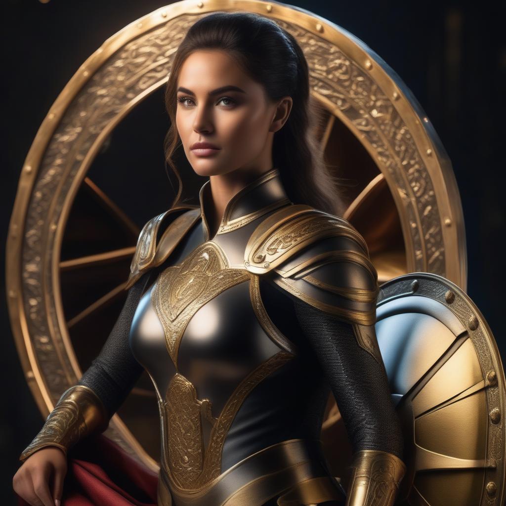  Beautiful female, youg human with a shiny new shield 🛡 round, likes to throw the shield The young woman is superhero in the middle ages , she likes to wear black and golden bodysuit with boots, ((masterpiece)), best quality, very detailed, high resolution, sharp, sharp image, extremely detailed, 4k, 8k