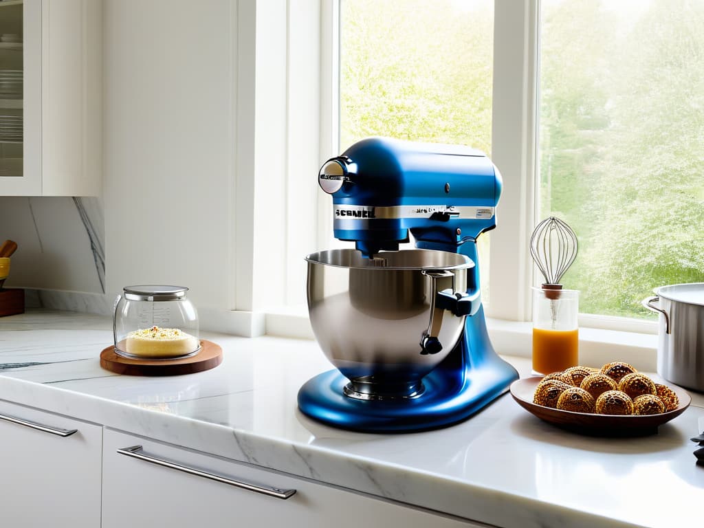  An ultradetailed image of a sleek, modern kitchen filled with stateoftheart baking equipment, including a professionalgrade stand mixer, precision scales, topoftheline oven, and an array of highquality ingredients neatly arranged on a marble countertop. The soft, natural light pouring in from a large window highlights the minimalist aesthetic of the kitchen, creating a serene and inspiring atmosphere for perfecting dessert recipes. hyperrealistic, full body, detailed clothing, highly detailed, cinematic lighting, stunningly beautiful, intricate, sharp focus, f/1. 8, 85mm, (centered image composition), (professionally color graded), ((bright soft diffused light)), volumetric fog, trending on instagram, trending on tumblr, HDR 4K, 8K