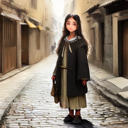  masterpiece, best quality, 8k resolution, ancient street, dressed in shabby beggar clothes young girl, long hair, delicate face and skin, perfect face, shiny skin, standing,