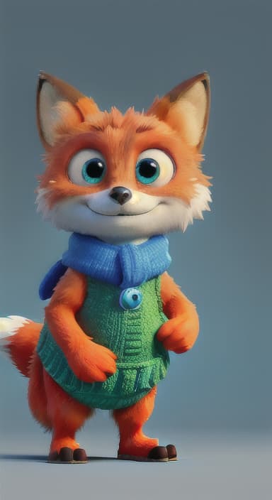  {Error the fox pressing the blue button with his paw, looking puzzled as nothing occurs., Error is a small, bright orange fox with a fluffy tail and big, inquisitive eyes. He has a mischievous yet kind expression and wears a tiny green scarf.