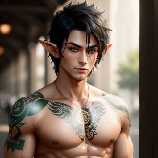  half-elf, male, short black hair, green eyes, tattoos, toned build, hyperrealistic, high quality, highly detailed, perfect lighting, intricate, sharp focus, f/1. 8, 85mm, (centered image composition), (professionally color graded), ((bright soft diffused light)), trending on instagram, HDR 4K, 8K