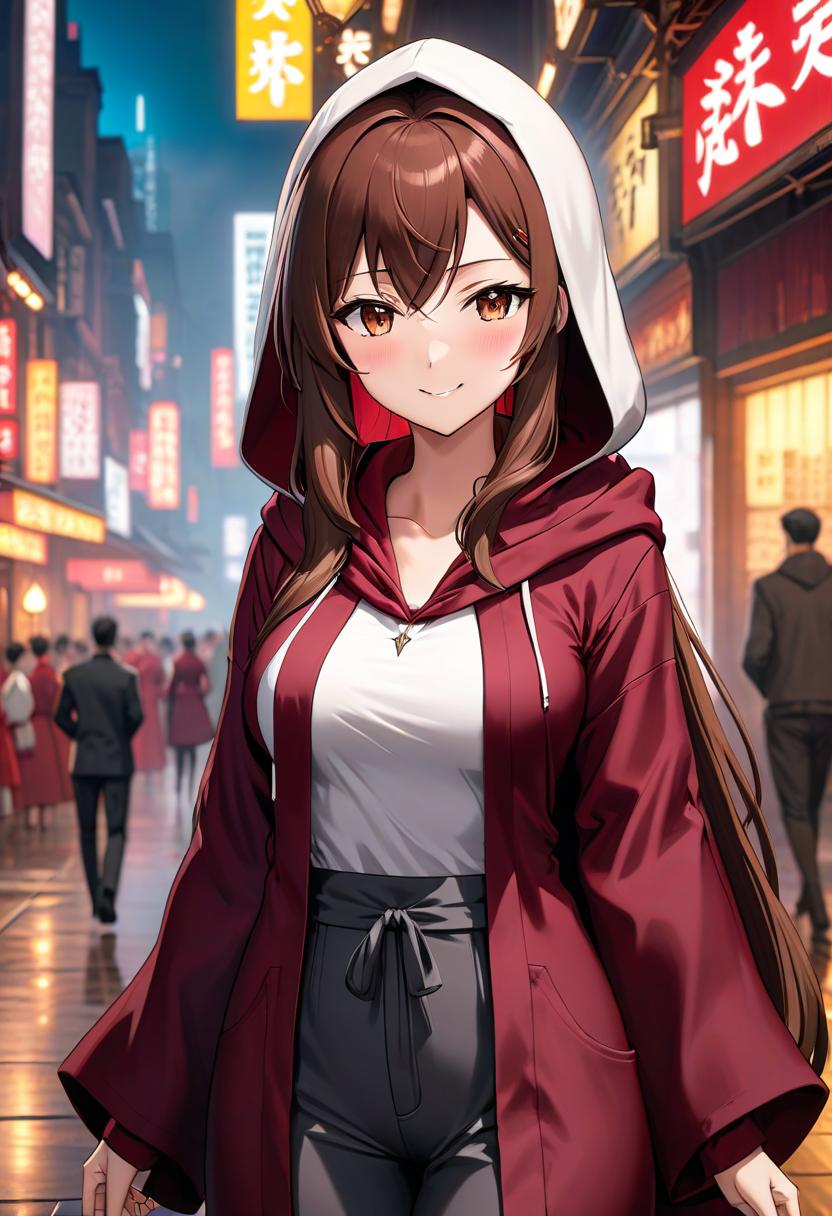  anime artwork Girl, with brown hair. She has a white comedian's mask on, with a black smile that covers her entire face. She's wearing a burgundy robe, with a hood on her head. She has a gray shirt on and dark pants. . anime style, key visual, vibrant, studio anime, highly detailed hyperrealistic, full body, detailed clothing, highly detailed, cinematic lighting, stunningly beautiful, intricate, sharp focus, f/1. 8, 85mm, (centered image composition), (professionally color graded), ((bright soft diffused light)), volumetric fog, trending on instagram, trending on tumblr, HDR 4K, 8K