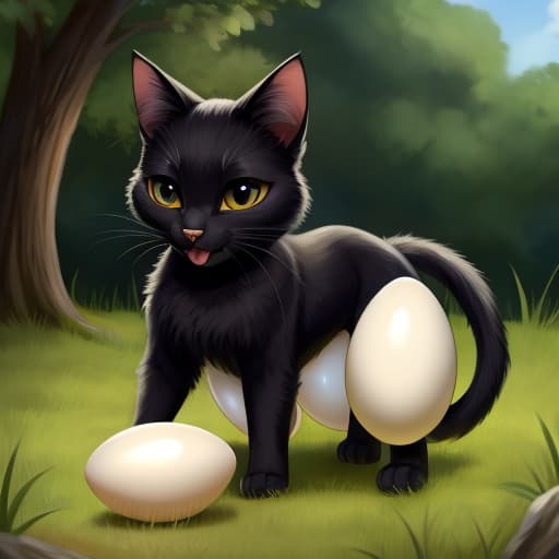  cat, egg, oviposition, black cat,, open eyes, digital art, masterpiece, 4k, fine details,